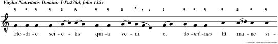 Hodie
scietis quia veni et dominus Et mane videbitis
gloriam ejus. Quia. Gloria patri et filio et
spiritui san cto. hodie. Crastina die delebitur
iniqui tas ter re. Et regnabit super vos salvator
mun di. Dele Glo ria. crasti.