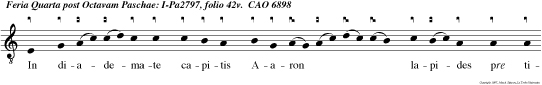 In diademate capitis Aaron lapides pre tiosi fulgeban Dum per ficeretur opus Dei, alleluia alleluia alleluia.