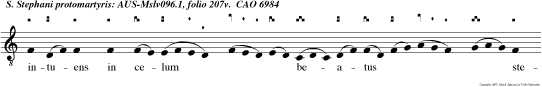 intuens in celum   beatus  stephanus vidit gloriam dei et a it. Ecce in  deo celos a pertos et filium hominis stan tem a dextris virtutis  dei.