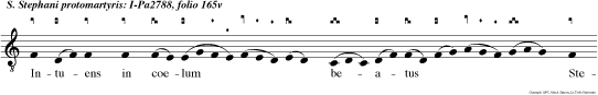 Intuens in coelum beatus Stephanus, vidit gloriam Dei et ait: Ecce video coelos apertos, et Filium hominis stantem A dextris virtu tis Dei.