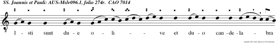 Isti sunt due olive et duo candelabra lucencia ante  domi num. Habent potestatem claudere ce  lum nu  bi bus et aperire portas eius. Quia lingue eorum claves celi   facte sunt.
