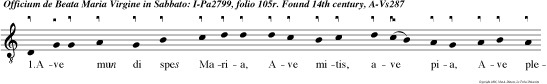 1.Ave mun di spes Maria, Ave
mitis, ave pia, Ave plena gratia: Ave vir go sin
gularis, Quae per rubum designaris Non passum
incen dia. 2.Ave rosa speciosa, Ave Jesse vir
gula, Cujus fructus nostr luctus Relaxavit cri
mina. 3.Ave, cujus viscera Con tra viris foedera
Ediderun filium: Ave caren simili Mun do diu
flebili Reperasti gaudium. 4.Ave vir ginum
lucerna, Per quam fulsit lux superna His, quos
umbra tenuit: Ave vir go, de qua nasci Et de cujus
lacte pasci Rex coelorum voluit. 5.Ave gem ma,
coeli luminarium, Ave san ti spi ritus sacrarium.
6.O quam mirabilis Et quam laudabilis Haec est
virginitas: In qua per spiritum facta paraclitum
Fulsit foecun ditas. 7.O quam san ta, quam serena,
Quam benigna, quam amoena Esse vir go creditur
Per quam ser vitus finitur Porta coeli aperitur Et
liber tas redditur. 8.O castitatis lilium, Tuum
pre care filium, Qui salus est humilium, Ne nos
pro nostr vitio In flebili judicio Subiciat
supplicio. 9.Sed nos tua san te pre ce Mun dan a
peccati faece Collocet in lucis domo: Amen, dicat
omnis homo.