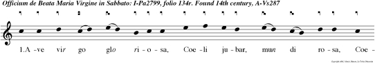 1.Ave vir go glo riosa, Coeli jubar,
mun di rosa, Coelibatus lilium! Ave gem ma pre
tisa, Super solem speciosa, Vir ginale gaudium!
2.Spe reorum es, Maria, Redem toris mater pia,
Redem torum gloria: Finis lethi vitae via, Tibi
triplex hie archia Digna dat praeconia. 3.Vir ga
Jesse florida, Stella maris fulgida, Sidus vere
lucis: Fructum vitae pro feren Et ad portum tra
feren Salutis, quo ducis. 4.Flo ren hor tus,
aegris gratus Puritatis fon signatus, Dan fluenta
gratiae: Thronus veri Salomonis, Quae prae claris
coeli donis Ornavit rex gloriae. 5.O regina
pietatis Et totius san titatis Flumen indeficiens
In te salva confiden tes, Salutari sitientes Potu
nos reficiens 6.Ad te flen tes suspiramus Te gemen
tes invocamus Evae pro les misera: Statum nostr
pauper tatis Vultu tuae bonitatis Clemen tur con
sidera. 7.Cel la fragra aromatum Apotheca
charismatum Salutaris: Tuam nobis fragrantiam
Spiran infun de gratiam, Qua ditaris. 8.Dul cis
Jesu mater bona, Mun di salus et matrona Super
norum civium: Pacem con fer sem piternam Et ad
lucem nos super nam Tran fer pos exilium.
Amen