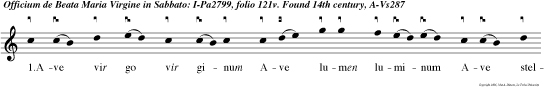 1.Ave vir go vir ginum Ave lumen
luminum Ave stella prae via: Mediatrix hominum
Ablutrixque criminum Ave vir go regia.
2.Castitatis lilium, Con solatri omnium,
Peccatorum venia: Mun da sordes scelerum Cicatri
ces vulnerum Terge plena gratia. 3.De peccati vin
culo, Hoste, carne, saeculo Libera nos Maria: Tu
nostr refugium, Da reis remedium, Pro cul pelle
vitia. 4.Infirmos tu visita, Mortuos resuscita, Da
moestis solatia: Per te justis gratia, Per te reis
venia Datur et laetitia. 5.Vir go caren simili, Tu
quae mun do flebili Con tulisti gaudia: Nos
digneris visere, Ut cum Chri sto vivere Possimus
in gloria. Amen