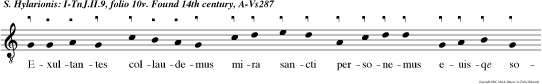 Exultantes collaudemus mira sancti
personemus euisqe solemnia. Hic vocatur Ylylarion
quem duxit tetragramaton regna in perenia.
Paternis ab erroribus ne pravaretur sordibus
destitit ab ydolis. Audiens hic Anthonium reliquit
patrimonium puer bone indolis. Hic descerdit
aprophanis flevit puer non inanis pro baptisimi
gloria. Artem hausit scrip turarum queren lumen
doctrinarum mox in Alexandriam. Mox, ut se fecit
monacum hic tempus post bimensium ad propria
meavit. Defunctis iam parentibus datis rebus
pauperibus monacos cumulavit. Primushic in
Palestina fulsit, in quolux divina monacus in
syria. Duodemim hic agebat Chri stu scire cum
querebat quadam in cemeria. Cella stratus et
vestitus metus vanus, sal et ficus huius sunt
delicie. Delibantes facit vivos sanat dentes,
haurit rivos eius sun di-vitie. Regiafit hic
camuca quivult nobis sed tunica sancti Ylarionis.
Qui sanat energuminos depellit spiritus malos
proficit in donis. Abicit mulierculam dicit
oratiunculam dando Deo gratias. Accensis quinque
digitis et ait cum in iuriis cede retro, sathanas.
Cella huius fuit bustum lentes aqua scedan bustum
semper post crepusculum Panis, radix ficus, olus
sextus illi fuit bolus post quatriuum. Cecam
curat, stuprum fugat pauper durat, celum mirat
vivis ex lapidibus. Deum orat Cyprum rorat quando
plorat tun honorat Christu cum virtutibus Extraxit
hor tum parvulum quo suum stat corpusculum alma
continentia. Quod flagrat in odoribus cum toga
fert Hierominus sancta que constantia. Sancte
pater, tende manum salva cetum Ciprianum in pace
prospera. Regni fructus da fecundos aufer pestes,
et iocundos omnes duc ad supera.