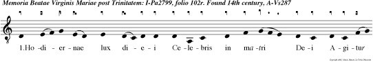 1.Hodiernae lux diei Celebris in matri
Dei Agitur memoria: Decan temus in hac die Sem
per virginis Mariae Laudes et prae conia. 2.Omnis
homo omni hora Ipsam ora et implora Ejus
patrocinia: Psalle, psalle nisu toto Oris, cordis
voce, voto: Ave plena gra tia. 3.Ave regina
coelorum Inexperta viri thorum Paren paris nescia:
Foecun data sine viro Genuisti modo miro
Genitorem filia. 4.Fusa coeli rore teltus, Fusum
Gedeonis vellus Deitatis pluvia: Floren ortus
austro flan te, Porta clausa pos et ante, Via
viris invia. 5.Sal ve, sple dor fir mamen ti, Tu
caliginosae men ti Desuper irradia: Placa mare,
maris stella, Ne involvat nos pro cella Et tem
pestas obvia. Amen.