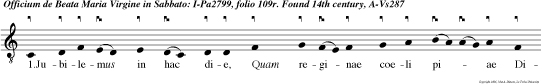 1.Jubilemus in hac die, Quam
reginae coeli piae Dicavit eccle sia: Haec est
dies, in qua sua Vota tibi, vir go, tua Reddit
haec familia. 2.Omne saeclum omni die ser vi
virgini Mariae, Sed in hac devotius: In hac
psallas in hac ores, In hac laudes et labores Et
can tes jocun dius. 3.Vir go, quae non habet parem
Diem sibi sin gularem Non injuste vendicat: O quam
digne sibi dari Diem hun et con secrari Res
inspecta praedicat. 4.Hodiernae lux diei Dies fuit
requiei Plas matoris omnium: Sic quievit in Maria,
Dum ipsius in hac via Virgo fit hospitium. 5.Cu
tae tun sun creaturae Fac tae dum opus naturae
Com plet Deus hodie: Univer sa tun fefecit, Dum in
matre qui nos fecit, Com plet opus gratiae. 6.Dies
olim benedicta, Dies quoque san ta dicta Fuitissta
septima: Quam benedicta dicaris, Scimus vir go
singularis, Et quam sis san tissima. 7.Du tra sis
ad gaudiosum Diem, relin quen poenosum Dies est
haec media. Haec de poenis nos educit Mediatri et
adducit Ad superna gaudia. 8.In hac die dum despe
rat Grex pusillus, qui tun erat, Fidem tenet
firmius: In hac die suspiran tes Ad seseque depre
cantes Obaudit freque tius. 9.Veneremur ergo,
fratres, Ut sanxerun san ti patres In hac die vir
ginem Exoran tes, ut con ducat Nos hic et tan dem
per ducat Ad illam dulcedinem Amen