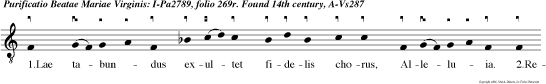 1.Lae tabundus exultet fidelis chorus,
Alleluia. 2.Regem regum intactae profudit thorus
Res miranda. 3.Angelus consilii natus est de
virgine Sol de stella. 4.Sol occasum nesciens,
stella sem per rutilan Sem per clara. 5.Sicut
sidus radium pro fert virgo filium Pari forma.
6.Neque sidus radio neque mater filio Fit
corrupta. 7.Cedrus alta Libani confor matur hy
sopo Valle nostr 8.Ver bum ens altissimi corporari
passum est Carne sum ta. 9.Isaias cecinit,
Synagoga meminit, nun quam tamen desinit Esse
caeca. 10.Si non suis vatibus credat vel
gentilibus Sybi linit versibus Haec praedicta.
11.In felix pro pera, cre de vel vetera, cur dam
naberis Gen misera. 12.Qu docet lictera, natum
considera, ipsum genuit Puerpera.
Alleluia.