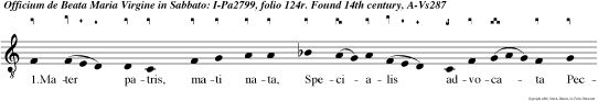 1.Mater patris, mati nata,
Specialis advocata Peccatricis anime: Aures tuae
pietatis Ad nos verten a peccatis Te laudan tes
exime. 2.Regi regum te fecisti Thalamum dum
credidisti Gabrieli nun cio: In te nostr est
natura Non secundum sua jura Dei nupta filio. 3.Ab
aeterno generatus tem poralis est et natus Ex
Maria virgie: Mun di salus fit puella, Dum in sua
Deus cella Homo fit pro homine. 4.Audi prius
inauditum Verbum patri est vestitum Nostrae carnis
sac culo: Lactat nata genitorem, Solem fovet
stillans rorem Sugit fon de rivulo. 5.Vir go
mater, mater Dei, Te rogamus ser vi rei A peccati
carcere Educ nos potenti pre ce, Nobis detur victa
nece Tecum sem per vivere. Amen