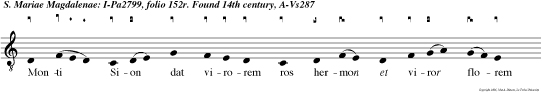 Monti Sion dat virorem ros hermon et
viror florem fecun dum in gratia: Ad honorem
Magdalenae roris hujus imbre plene solem nizen
omnia Rigans montes gratiarum ad con vallem
lacrimarum ros coelestis effluit Ibi jacen
Magdalena lacrimarum imbre plena Chri sti pedes
abluit Abluentis cor fecundat et tergentis corpus
mun dat a culparum sordibem Mandat pacem
osculanti et unguen tis habun dan ti largu.. ..e
muneribus Auster fugan aquilonem lux illustra
rationem in amore perficit Grande signum pietatis
mox purgatam a peccatis sibi spon sam efficit
Dulcis luctus dulcis clamor dulcis magna arden
amor intali con nubio A dilecti nulla sorte nec in
vita nec in morte laxator obsequio Lugens astat
morienti sed con gaudet resurgen ti ejus narran
gloriam Et regnan tem con fitetur dum in rupe pro
fitetur vitam solitariam Novis modis ibi rapta
novis demum donis apta sponsi gaudet praevius Ad
hanc partem quam elegit ducat nos qui mundum
regit ejus patrotiniis. Amen.