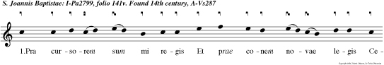 1.Pra cursorem sum mi regis Et prae
conem novae legis Celebrat ecclesia: In hac luce
tam festiva Gaude, mater, et votiva Deprome prae
conia. En baptista san titatis Decus prae
conovitatis Prodit res miraculi: Verbum preit
veritatis Vox aeternae claritatis Solem jubar
saeculi. Insignis spectaculi Forma norna populi
Johannes mon stra cui Vice praefert gratiam Et ad
penitentiam Populos hortatur. Hic est novus prae
dicator Vie nove prae parator: Ad virtutum
culmina. Diem pandit ultionis Et perverse nationis
De te statur crimina Fructum mater insperatum
Coepit dum concepit natum In sterili corpore Usum
linguae dum non credit Pater pen dit ipso redit
Nato dato tempore Felix qui jam gaudia salutis
prenuntia Ferens declaratur. Orbem replet lumine
Omni major homine nato praedicatur Lumen adhuc
occultatur Reveretur in carnatum Verbum patris
omnium. Dum maria salutare Verbum dedit exultare
Cepit infans nimium O quam pium fert amorem
Omnem superans dulcorrem virginis presentia Se
se matres amplexantur Per salutes revelantur
salutis mysteria Laudes ergo mirifico Johanni per
magnifico vox amena Prallat ejus preconia laudans
petat suffragia plebs egena. Et tu coeli regione
Virgo martyr doctor bone clementer expostula. In
conspectu summi regis professores sacre legis
regnare per saecula. Amen.