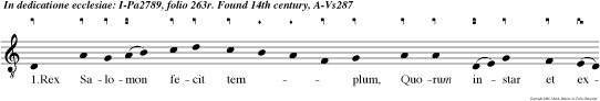1.Rex Salomon fecit templum,
Quorum instar et exemplum Christus et ecclesia:
Hujus hic est imperator Fundamentum et fundator
Mediante gratia. 2.Qua ri templi fundamen ta
Marmora sun instrumenta Parietum paria: Canden
flos est castitatis Lapis quadrus in praelatis
Virtus et constantia. 3.Lon gitudo, latitudo,
Templique sublimitas, Intellecta fide recta Sun
fides, spes, caritas. 4.Sed tre partes sun in
templo Trinitatis sub exemplo: Ima, sum ma,
media. Ima signat vivos cunctos, Et secunda jam
defunctos, Redivivos tertia. 5.Sexagenos quoque
per se, Sed et partes universae Habent lati
cubitos: Harum trium tres conjunctus Trinitati dan
contentus Unitati deditos. 6.Tem pli cultus extat
multus, Cynamomus odor domus, Myrrha stactis,
cassia: Quae bonorum decus morum Atque bonos
precum sonos Sun significan tia. 7.In hac casa
cuncta vasa Sun ex auro, de thesauro Praeelecta
penitus: Nam magistr et ministros Docet doctos et
excoctos Igne sancti spiritus. 8.Sic ex bonis
Salomonis, Quae rex David praeparavit, Fiunt
aedificia: Nam in lignis rex insignis Vivit Tyri,
cujus viri Tractan aedificia. 9.Jam ex gente
Judaeisque Sicut templum ab utrisque Conditur
ecclesia: Christe, qui hanc et hos unis, Lapis
huic et hiis com munis, Tibi laus et gloria.
Amen.