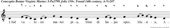 1.Sal vatoris mater pia, Mun di hujus
spes, Maria, Ave plena gra tia: Porta coeli, tem
plum Dei, Maris portus ad quem rei Currun cum
fiducia. 2.Su mi regis spon sa digna, Cun tis
clemen et benigna Operum suffragio: Caecis lumen
claudis via, Nudis Mar tha et Maria Men tis
desiderio. 3.Inter spinas flos fuisti, Sic flos
flori patuisti, Pietatis gra tia: Verbum ver bo
con cepisti, Regem regum peperisti Vir go viri
nescia. 4.Regi nato adhaesisti, Quem lactasti et
pavisti More matri debito: Quae conjun ta nun
eidem, Es regina facta pridem Operum pro merito.
5.Reis ergo fac, regina, Apud regem, ut ruina
Relaxetur debita: Et regnare fac renatos, A reatu
expurgatos Pietate solita. Amen.