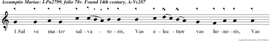 1.Sal ve mater salvatoris, Vas
electum vas honoris, Vas coelestis gratiae: Ab
aeter no vas provisum Vas insigne, vas excisum
Manu sapientiae. 2.Sal ve ver bi sacra paren Flos
de spinis spina caren Flos spineti glo ria: Porta
clausa, fon hor torum Cella custos unguen totum
Cella pigmen taria. 4.Sal ve, decus virginum
mediatrix hominum Salutis puerpera. Myrtus tem
perantiae, Rosa patientiae, Nardus odorifera.
5.Sal ve, mater pietatis Et totius Trinitatis
Nobile triclinium: Verbi tamen incarnati Speciale
majestati Prae paran hospitium. 6.O Maria stella
maris, Dignitate singularis, Super omnes ordinaris
Ordines coelestium: In supremo sita poli Nos
comen da tuae pro li, Ne terrores sive doli Nos
supplan ten hostium. 7.In pro cinctu con stituti
Te tuente simus tuti, Per vicacis et versuti, Tuae
cedat vis virtuti, Dolus pro viden tiae: Jesu,
verbum sum mi patri Ser va ser vos tuae matri
Salva reos, salva gratis Et nos tuae claritatis
Con figura glo riae. Amen