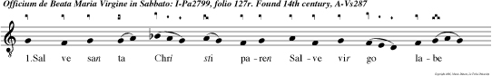 1.Sal ve san ta Chri sti paren Salve
vir go labe caren Salve decus virginum Salve vir
go singularis Salvatorem salva paris Et ancilla
Dominum 2.Con cepisti vir go Deum, Paris lactas
nutris eum Pio preben studio: Cibum pani potum
fonti Victum vite cunas mor ti Bovis in prae
sepio. 3.Tu naturae con tra ritum Ex angusto
infinitum Ven tris pro fers parvula: Homo Deum,
stella solem Nata patrem vir go pro lem Antiquum
juvencula. Uno sinu foven agnum Et leonem parvum
magnum Genitorem filium: Moriturum aeternum que
Idem enim est utrumque Finis et pri cipium. 5.Vir
go mun da nos emun da, Ne nos trahat mors secun
da, Tuae dono gratiae: Nos informen mores mun di,
Ne deformen carnis mun di Et hostis insidiae. 6.H
tus clausus, fon signatus Terra, de qua fructus
natus Cibus est fidelium: Virga Jesse promen
florem Cujus currit in odorem San torum collegium.
Amen