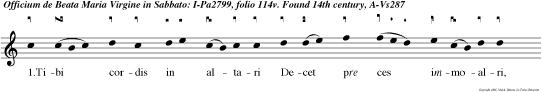 1.Tibi cordis in altari Decet pre
ces immoalri, Vir go sacratissima: Nam cum in se
sit inepta, Tuo nato fit accepta Per te precum
victima. 2.Per te Deum adit reus, Ad quem per te
venit Deus, Tu amborum media: Pro peccatis
immolato Peccatorum prae sentato Pre cum
sacrificia. 3.Nec abhorres peccatores, Sine quibus
nun quam fores Tan to digna filio: Si non essen
redimen di, Nulla tibi pariendi Redem torem ratio.
4.Pro his fac ta sin gularis Super cun ta pri
ciparis Sub supre mo principe: Ergo vir go sic pro
mota Causa nostri nostr vota Pro moven da
suscipe. 5.Qu si reos san ta sper nis, Ut qui sis
prae lata ter nis Hie archiis, respice: Tu reorum
advocata, Per te sit ipsorum grata Causa coram
judice. Amen