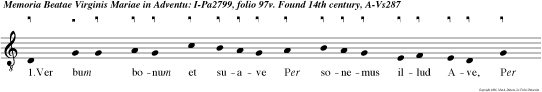1.Ver bum bonum et suave Per
sonemus illud Ave, Per quo Chri sti fit con clave
Vir go, mater, filia: Per quo Ave salutata Mox con
cepit foecun data Vir go, David stir pe nata,
Inter spinas lilia. 2.Ave, veri Salomonis Mater
vellus Gedeonis, Cujus magi tribus donis Laudan
puerperium: Ave, solem genuisti, Ave, pro lem pro
tulisti, Mun do lapso con tulisti Vitam et
imperium. 3.Ave mater Ver bi sum mi, Maris portus
signum dumi, Aromatum vir ga fumi, Angelorum
domina: Supplicamus nos emen da, Emen datos
nos com men da Tuo nato ad habenda Sem piterna
gaudia. Amen