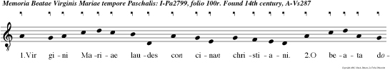 1.Vir gini Mariae laudes con cinan
christiani. 2.O beata domina tua per pre camina
recon cilientur peccatores. 3.Fiant per te liberi
a fermen to veteri victimae paschalis per
ceptores. 4.Da nobis Maria, vir go clemen et pia.
5.Aspectu Christi viven is et gloria frui
resurgentis. 6.Tu prece nos pia Christo
reconcilia, 7.Qua sola mater intacta es genitrix
Ver bi Dei facta. 8.Cre den dum est ex te Deum et
hominem natum resur rexisse glo rificatum 9.Sci
mus Chri stu sur rexisse ex mortuis vere, con
serva mater nos et tuere, alleluia.