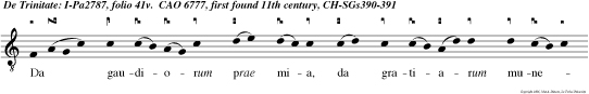 Da gaudiorum prae mia, da gratiarum munera: dis solve litis vincula, astrin ge pacis foedera.