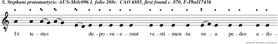 Et testes  deposuerunt vestimenta sua pedes adolescentis qui vocalatur savlus et lapidalant stepha num. Invocantem et dicen tem domine  accipe spiritum meum.