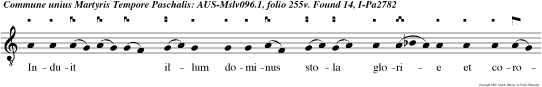 Induit illum dominus stola glorie et coronavit e um. In die sollemnitatis et leticie Alle   luya.