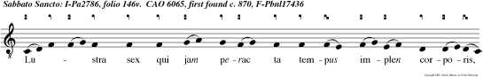 Lustra sex qui jam perac ta tempus implen corporis, se volen te natus ad hoc, passioni deditus Agnus in cruce levatur immolandus stipite.