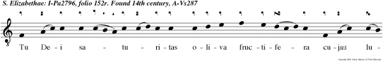 Tu Dei saturitas oliva fructifera cujus lucet puritas et resplen den opera.